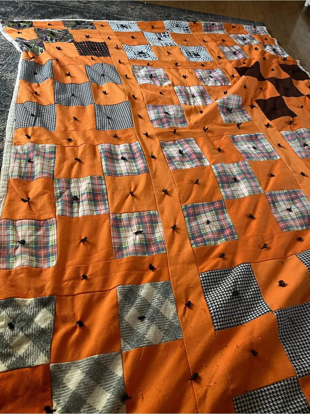 Handmade fall autumn Halloween Orange Patchwork Throw Blanket with Plaid Accents